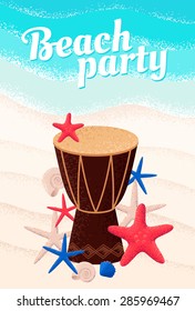 Percussion drum with seashells and starfishes. Bright turquoise sea, white sand background. Retro vector illustration. Beach party, ethnic music or open air festival concept. Poster, invitation, card