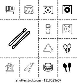 Percussion icon. collection of 13 percussion filled and outline icons such as maracas, xylophone, drum, gong, drum stick. editable percussion icons for web and mobile.