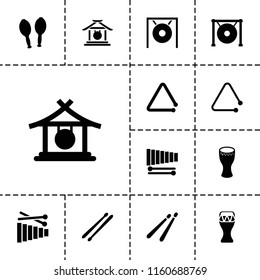 Percussion icon. collection of 13 percussion filled icons such as gong, drum, xylophone, triangle musical instrument, drum stick. editable percussion icons for web and mobile.