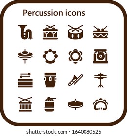 percussion icon set. 16 filled percussion icons.  Simple modern icons such as: Trombone, Drum, Cymbals, Tambourine, Gong, Conga