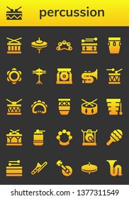 percussion icon set. 26 filled percussion icons.  Simple modern icons about  - Drum, Cymbals, Tambourine, Conga, Gong, Trombone, Xylophone, Maraca, Banjo