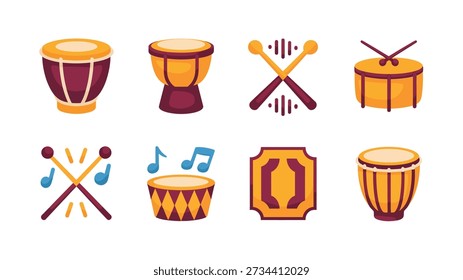 Percussion instrument collection, snare drum, conga, bongo, tom tom, sticks and notes, marching band parade, carnival music vector set