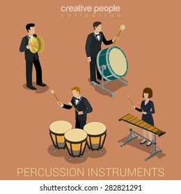 Percussion instrument musicians flat 3d web isometric infographic concept vector. Group of creative young people playing on classic instruments scene theater opera concert. Cello violin clarinet.