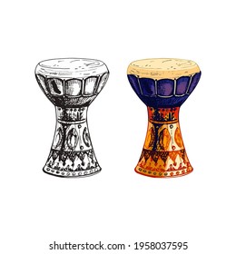 percussion instrument, traditional hand percussion, membranophone, darbuka, cuban drum, national symbol of egyptian music shaabi, hand drawing, colorful, isolated, set, black and white, colored