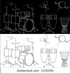 Percussion instruments set isolated on white or black