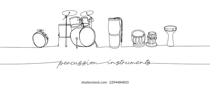 Percussion instruments set one line art. Continuous line drawing of play, drum, timpani, tulumbas, buhai, darbuka, bongos, big drum, buhalo and cymbal, music, percussion bass musician