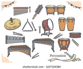 Percussion instruments set. Vector illustration.