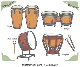 Percussion instruments set. Vector illustration.