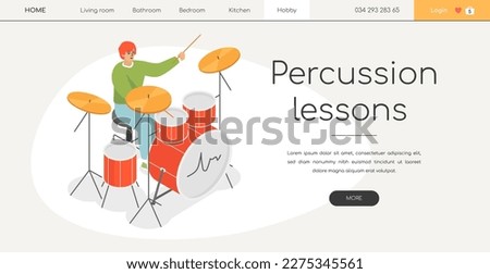 Percussion lesson for a drummer- modern isometric web banner on white background with copy space for text. A header with musician sitting behind a drum set with kick, tom and cymbals. Hobby idea