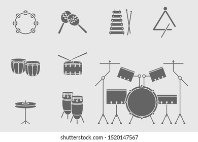 Percussion music instruments Icons set - Vector solid silhouettes of drum equipment, tambourine, cymbal, bongo, maracas, triangle and xylophone for the site or interface