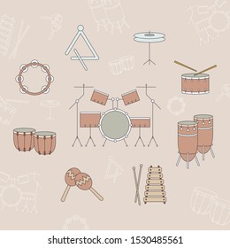 Percussion music instruments Icons set - Vector color symbols and outline of drum equipment, tambourine, cymbal, bongo, maracas, triangle and xylophone for the site or interface