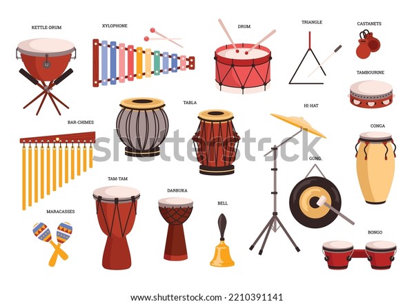 Percussion music instruments set, flat vector\
illustration isolated on white background. Collection of\
traditional and classical orchestra instruments - drum, xylophone,\
tabla, bongo and\
triangle.