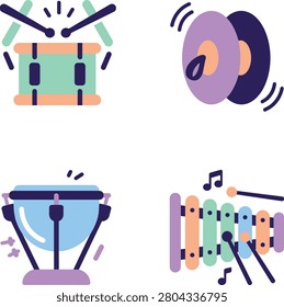 Percussion Musical Instrument Icons with Drum Xylophone and Cymbals