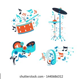 Percussion musical instruments flat illustrations set. Drum cymbals and classical snare flat drawing. Modern headphones isolated clipart. Play, stop music playing app icons. Jazz musician silhouette