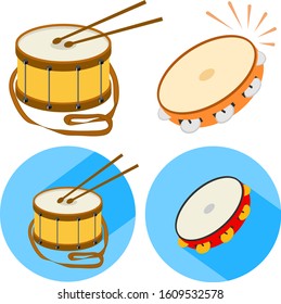 Percussion musical instruments. Set of percussion instruments. Drums and tambourines.