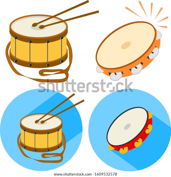 Percussion musical instruments. Set of\
percussion instruments. Drums and\
tambourines.