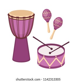 Percussion musical instruments vector set. Djembe drum, drum with sticks and maracas isolated on white background. Cute icon flat cartoon style. Vector illustration