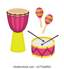 Percussion musical instruments vector set. Djembe drum, drum with sticks and maracas isolated on white background. Cute icon flat cartoon style. Vector illustration