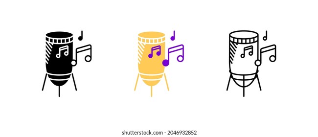 Percussion and musical notes icon set. Entertainment and music icon. Set of percussion instruments. Editable row set. Silhouette, colored, linear icon set.