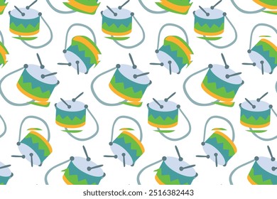 Percussion seamless pattern. Vector Flat Drums illustration for Background, Gift Wrapping Paper Template. Music and Sound concept, Fiesta Musical Instrument. Cartoon Design Element with Drumsticks.