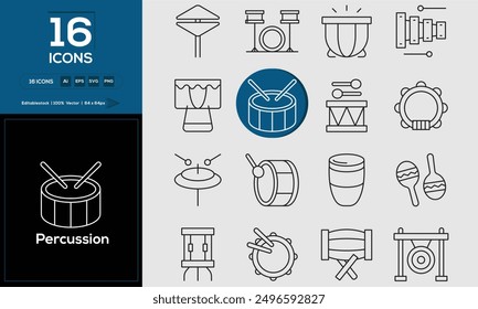 Percussion set of outline icons related to analysis, infographic, analytics. Editable stroke. Vector illustration. 