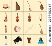 Percussion, wind and string musical instruments, microphone and metronome instrument. Vector set.