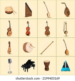 Percussion, wind and string musical instruments, microphone and metronome instrument. Vector set.