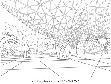 Perdana Botanical Gardens Modern Conservatory Line Drawing, Line drawing illustration of a modern geometric structure, possibly a conservatory or visitor center, set within the lush landscape of