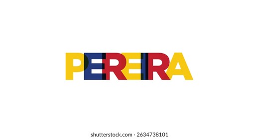 Pereira no emblema da Colômbia. O design apresenta um estilo geométrico, ilustração vetorial com tipografia em negrito em uma fonte moderna. A letra do slogan gráfico.