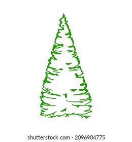 Perennial evergreen tree. Lush side branches. Stylized asymmetric silhouette. Pine, cypress, cedar, fir-tree. Green coniferous tree. For winter greeting card, poster, packaging and seasonal design.