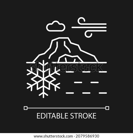 Perennial ice white linear icon for dark theme. Ice layers covering ground. Polar glaciers. Thin line customizable illustration. Isolated vector contour symbol for night mode. Editable stroke