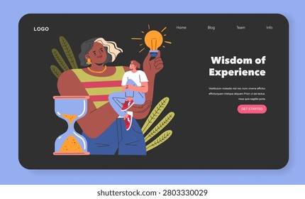 Perennial People concept. Animated elder sharing wisdom with youth, symbolized by a light bulb, against an hourglass backdrop. Web design interactivity. Vector illustration.
