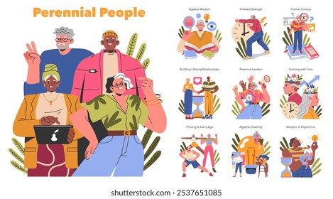 Perennial People concept. Diverse elders engaged in learning, leadership and relationships, symbolizing lifelong growth. Vector illustration of active senior life.