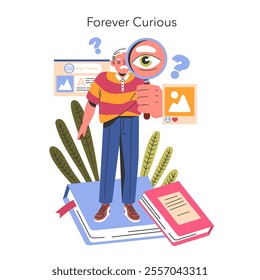 Perennial People concept. An elder man with a magnifying glass on a book, surrounded by symbols of learning and inquiry. Lifelong education theme. Vector illustration.