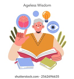 Perennial People concept. Elderly man surrounded by symbols of knowledge, intellect and insight. Lifelong learning and wisdom illustration. Vector illustration.