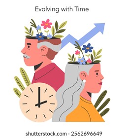 Perennial People concept. Generations thriving over time, represented by two figures adorned with flora. Progress and continuity as central themes. Vector illustration.