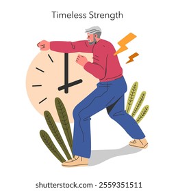 Perennial People concept. Senior man exuding vitality with a punch to a clock, embodying enduring vigor. Age defiance and lively spirit. Vector illustration.