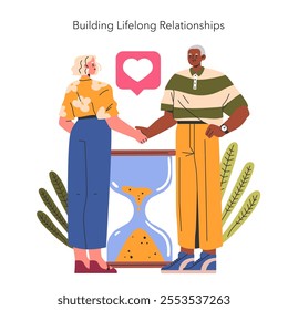 Perennial People concept. Two diverse adults building a strong relationship over time next to an hourglass. Commitment and emotional connection. Vector illustration.