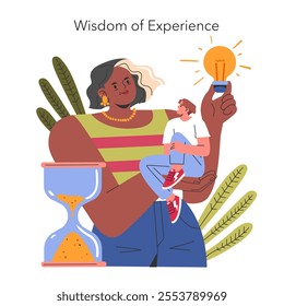 Perennial People concept.A mature woman shares life lessons with a younger person, embodying wisdom amidst symbols of time. Generational connection, mentorship, and enlightenment theme. Vector