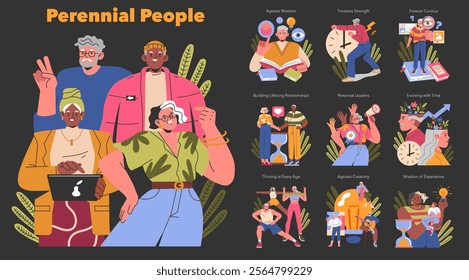 Perennial People set. Diverse elders engaged in various activities showing wisdom, leadership, and lifelong learning. Intergenerational connection and active aging. Vector illustration.