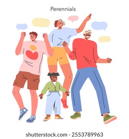 Perennials concept. Diverse age groups communicate, showcasing intergenerational dialogue and unity. Multicultural family bonding. Vector illustration.