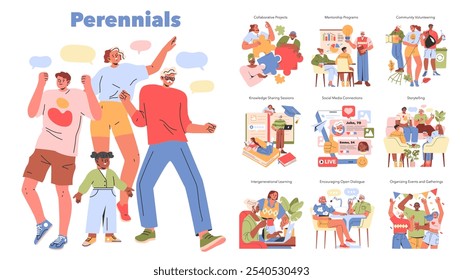 Perennials concept. Illustration of multigenerational engagement in social activities and learning. Community participation and lifelong connections. Vector illustration.