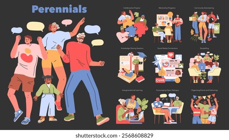 Perennials concept. Illustration showcasing intergenerational interaction through mentorship, volunteering, and social media. Lifelong learning, collaboration, and community engagement. Vector