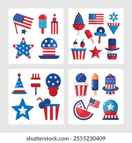 A perfect 4th of July vector set for patriotic designs! Features clipart, cartoon elements, and line art for Independence Day crafts and digital projects.