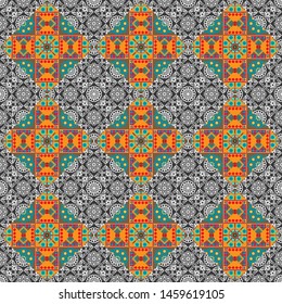 Perfect for any kind of design, wedding, birthday, holidays, kaleidoscope, medallion. Geometric seamless pattern circular ornament. Vector multicolor mandalas in gray, brown and orange colors.