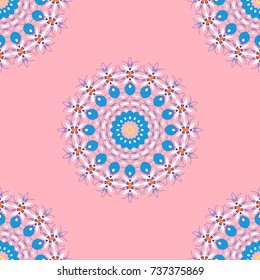 Perfect for any kind of design, wedding, birthday, holidays, kaleidoscope, medallion. Geometric seamless pattern circular ornament. Vector multicolor mandalas in blue, neutral and white colors.