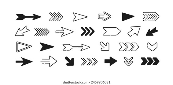 Perfect Arrow icon set. Vector Arrow and Pointer silhouette collection isolated on white background. Editable Cursors and Arrows symbols and elements