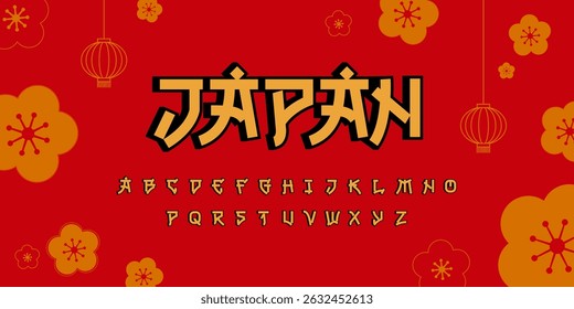 Perfect Asian Japanese or Chinese style vector type font. Typography japan and china style font. English Japanese alphabet. Asian style red background with golden sakura flowers	