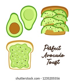 Perfect Avocado Toast as bread with slices and sandwich with mixed avocado and sesame seeds svg