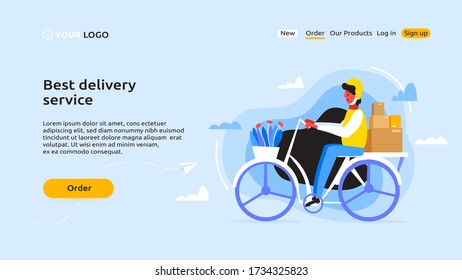 Perfect banner for your website of express delivery service. A courier in yellow helmet rides a bike to deliver the packages to the client. Vector cartoon colored flat illustration